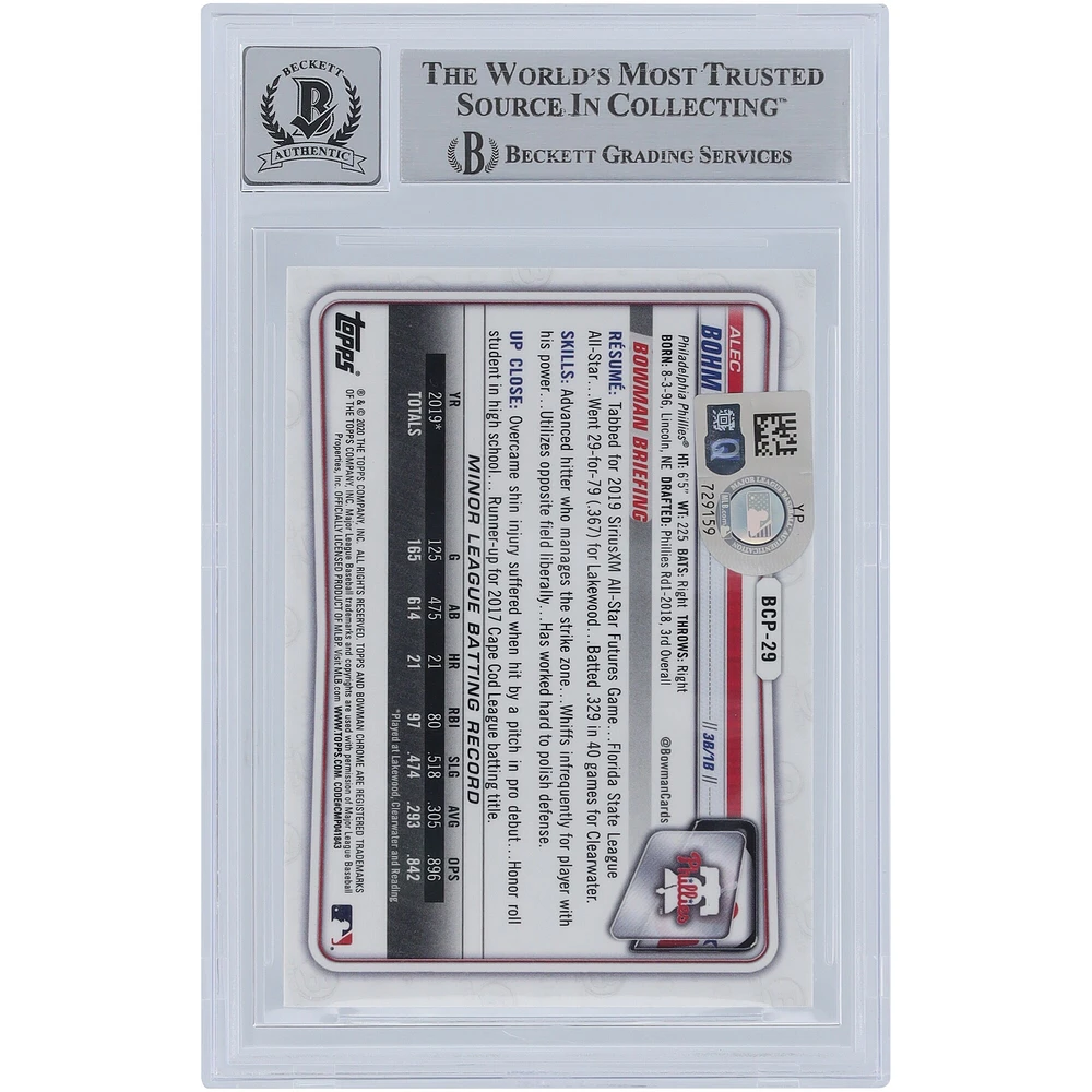 Alec Bohm Philadelphia Phillies Autographed 2020 Bowman Chrome Sapphire Prospects #BCP-29 Beckett Fanatics Witnessed Authenticated 10 Card