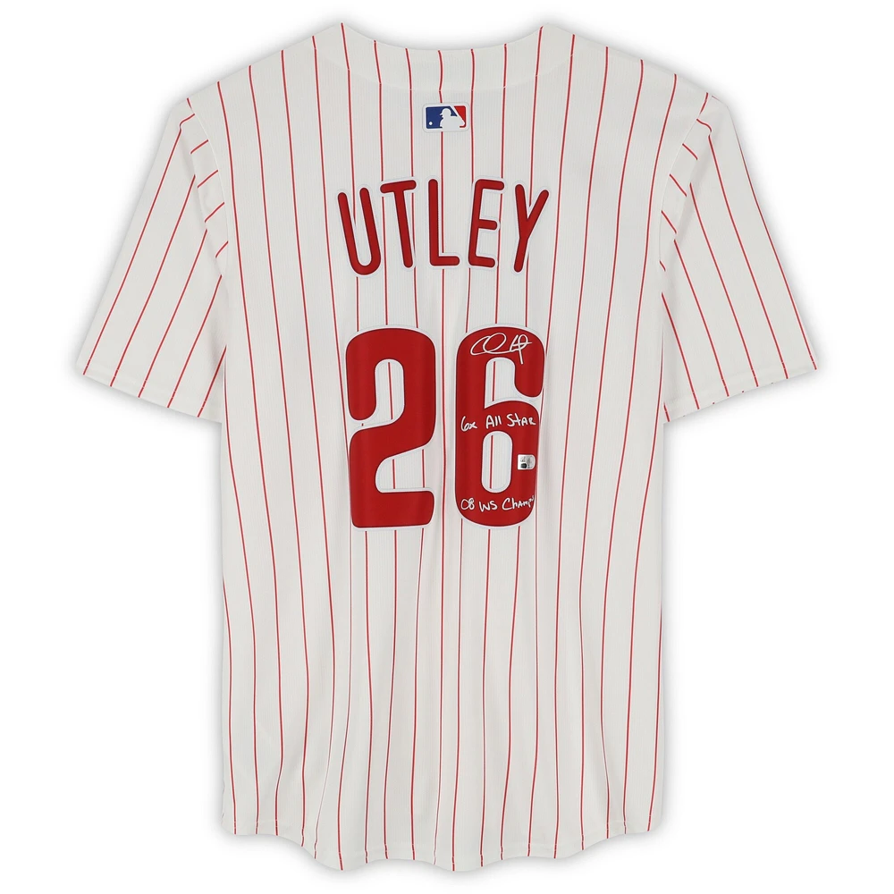 Maillot Nike blanc dédicacé Chase Utley des Phillies de Philadelphie, édition limitée, avec inscriptions « 6x All Star » et « 08 WS Champs »