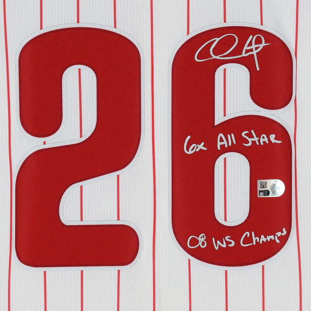 Maillot Nike blanc dédicacé Chase Utley des Phillies de Philadelphie, édition limitée, avec inscriptions « 6x All Star » et « 08 WS Champs »