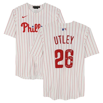 Maillot Nike blanc dédicacé Chase Utley des Phillies de Philadelphie, édition limitée, avec inscriptions « 6x All Star » et « 08 WS Champs »