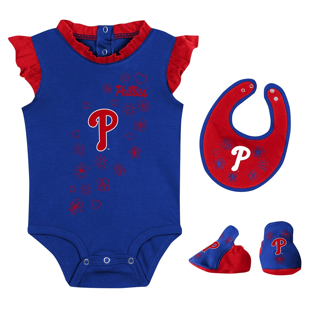 Ensemble body, bavoir et chaussons Fanatics Royal Philadelphia Phillies Happy Baseball pour filles, nouveau-nés nourrissons