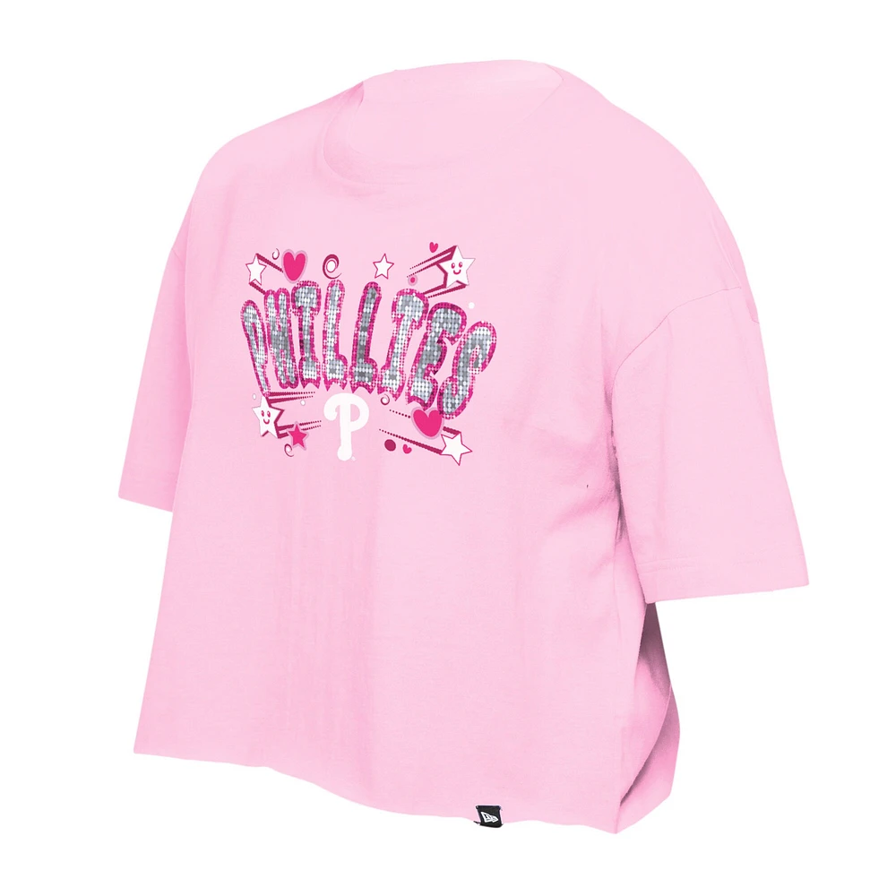 T-shirt d'équipe à paillettes Flip New Era rose clair pour filles des Philadelphia Phillies