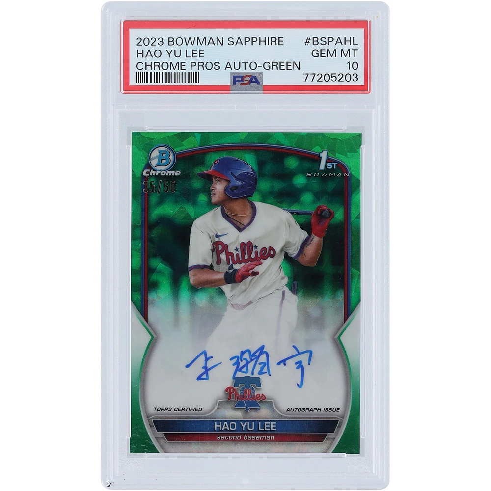 Hao Yu Lee Philadelphia Phillies Autographed 2023 Bowman Chrome Sapphire 1st Bowman Green Refractor #BSPA-HL #35/50 PSA Authenticated 10 Card