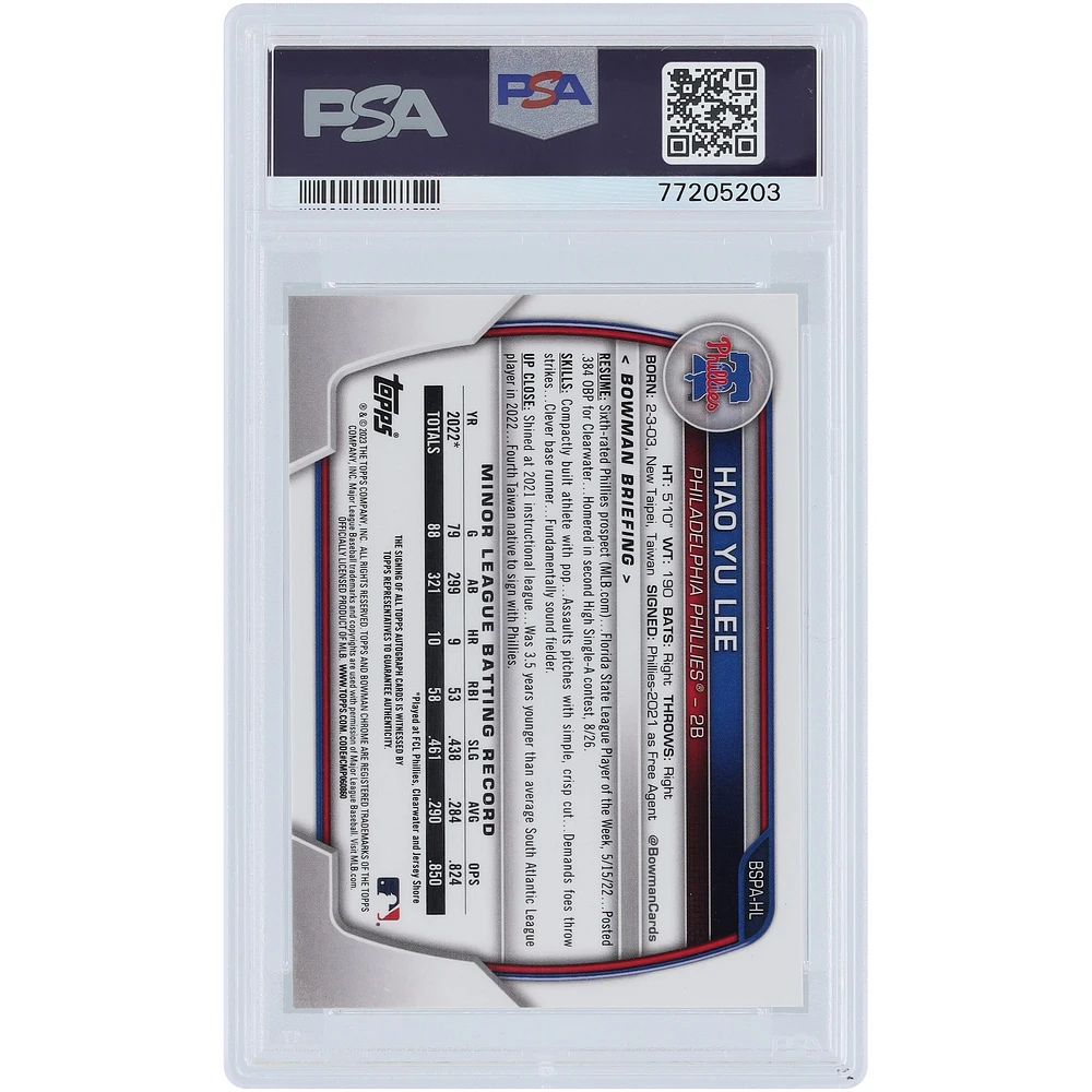 Hao Yu Lee Philadelphia Phillies Autographed 2023 Bowman Chrome Sapphire 1st Bowman Green Refractor #BSPA-HL #35/50 PSA Authenticated 10 Card