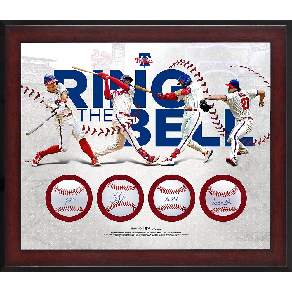 J.T. Realmuto Didi Gregorius Alec Bohm & Aaron Nola Philadelphia Phillies Framed Autographed Ring the Bell Four Baseball Shadowbox Collage
