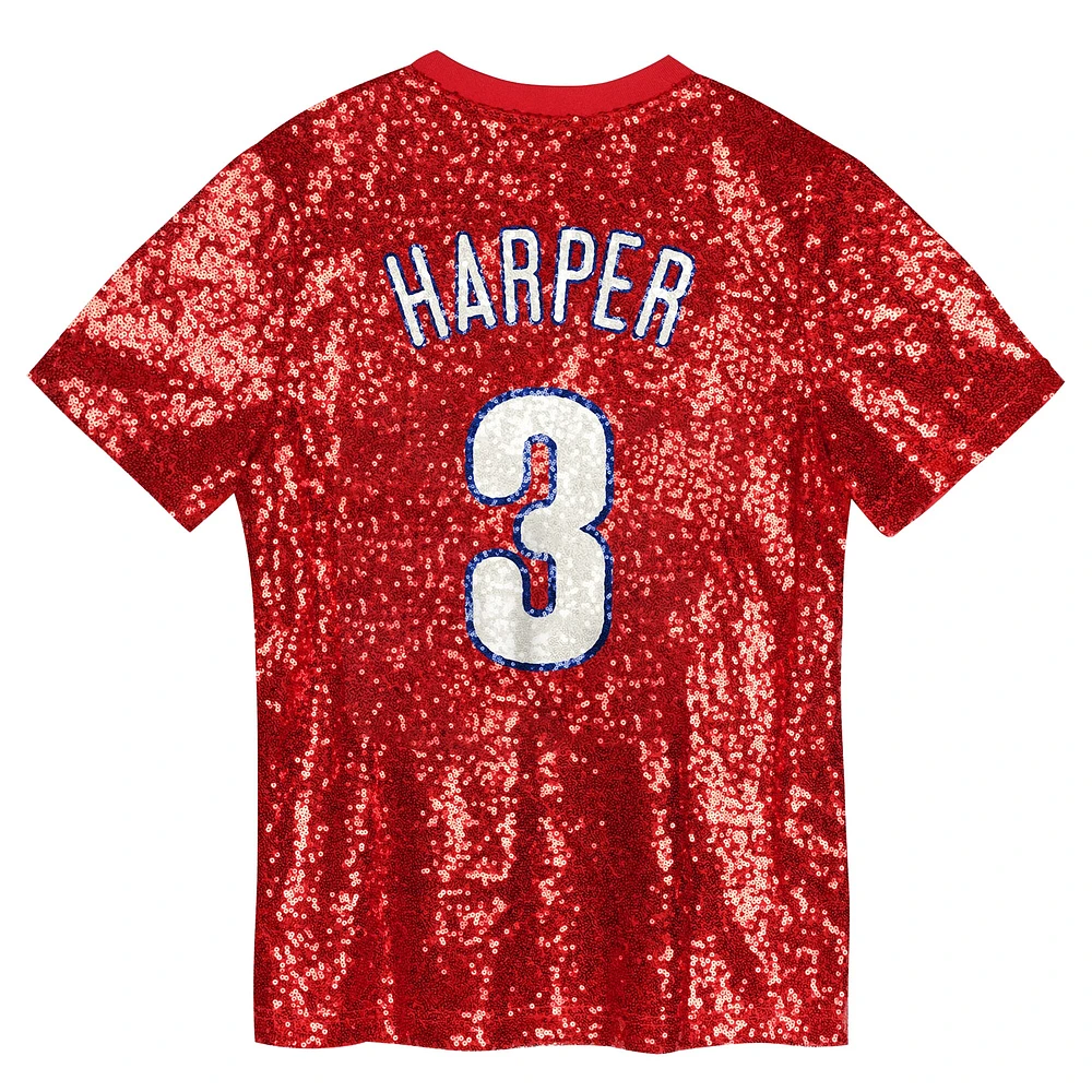 Haut à col en V sequins rouge avec nom et numéro des Philadelphia Phillies pour juniors Bryce Harper