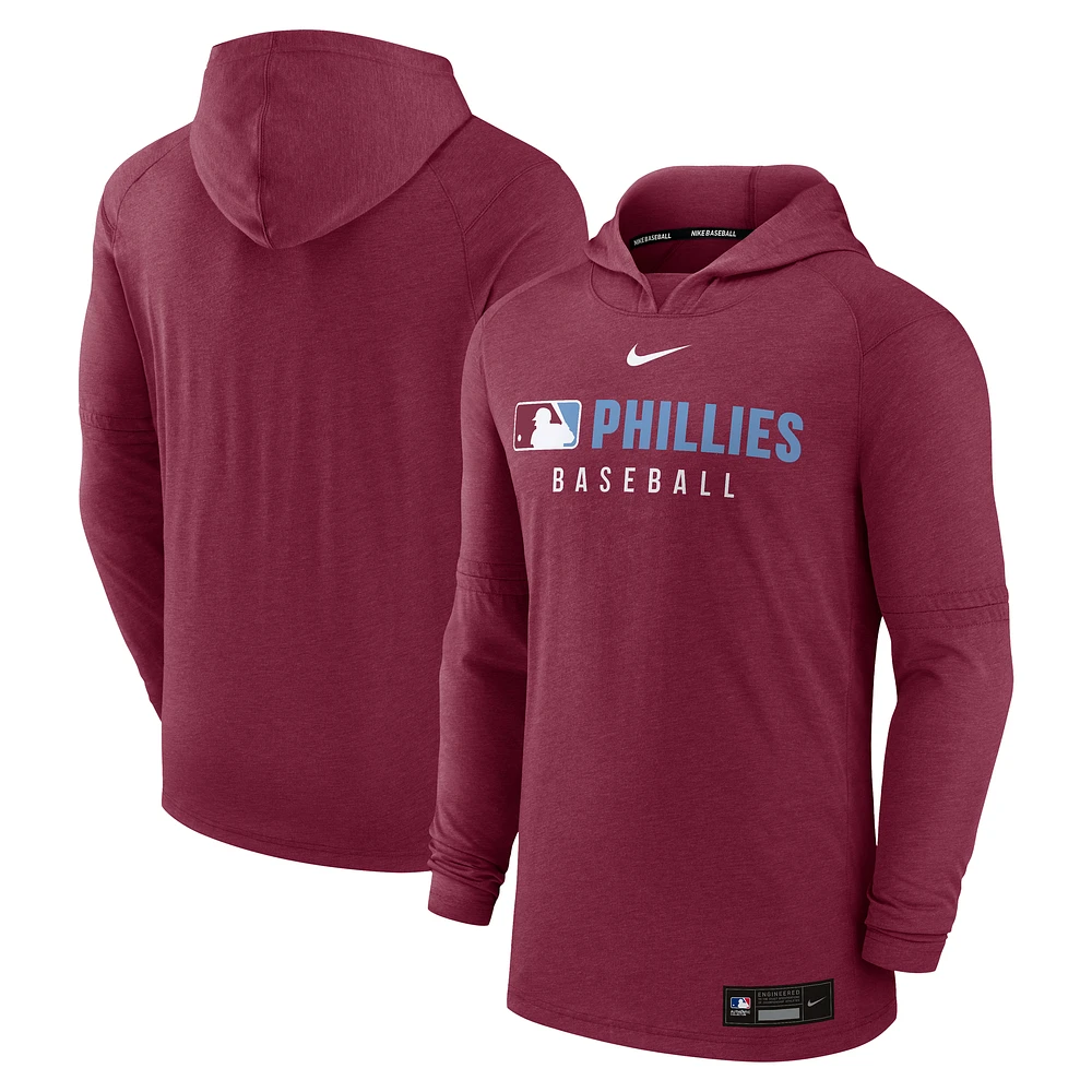Men's Nike Heather Burgundy Philadelphia Phillies Authentic Collection Tri-Blend Performance Pullover Hoodie
