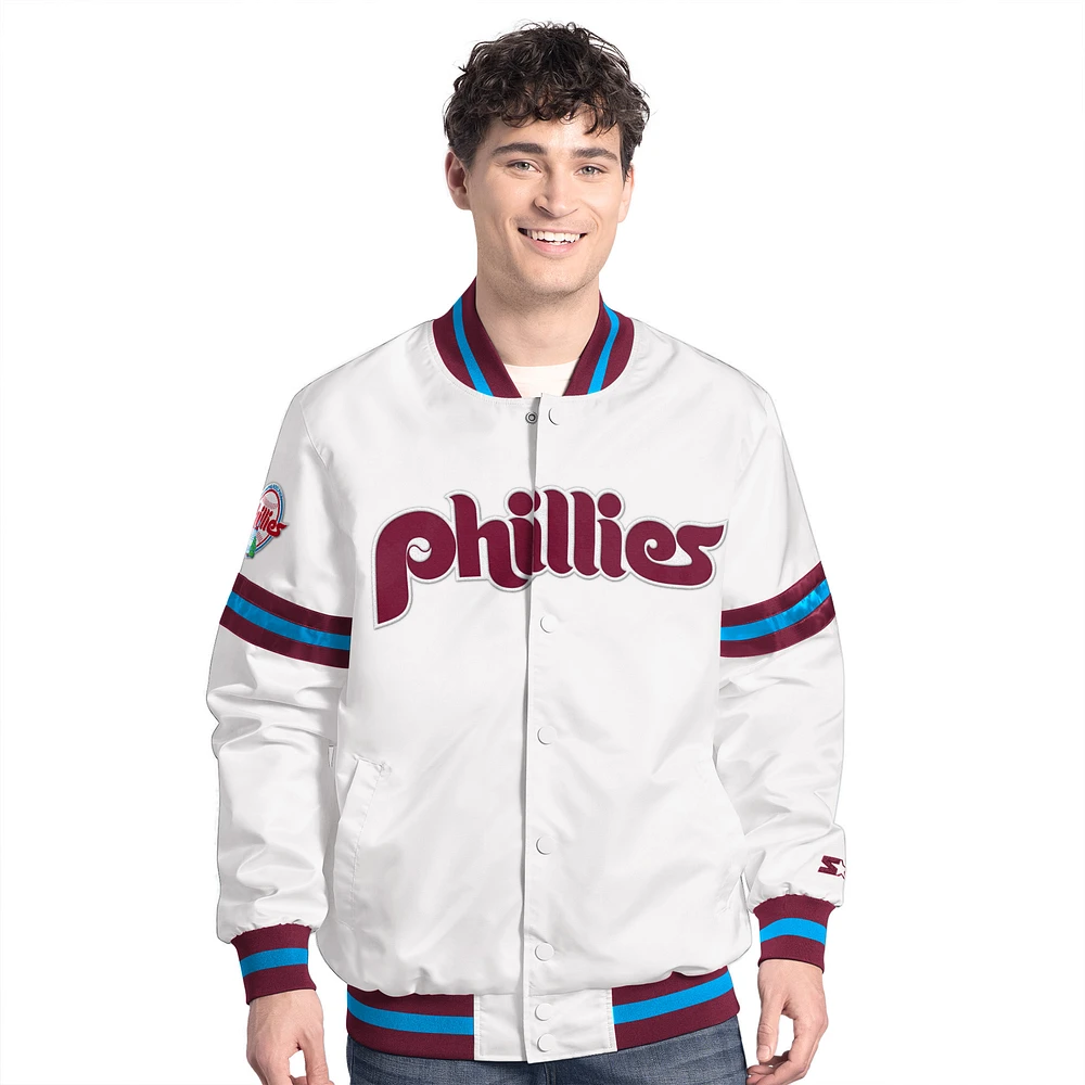 Veste universitaire blanche à boutons-pression Cooperstown Scout des Philadelphia Phillies pour homme