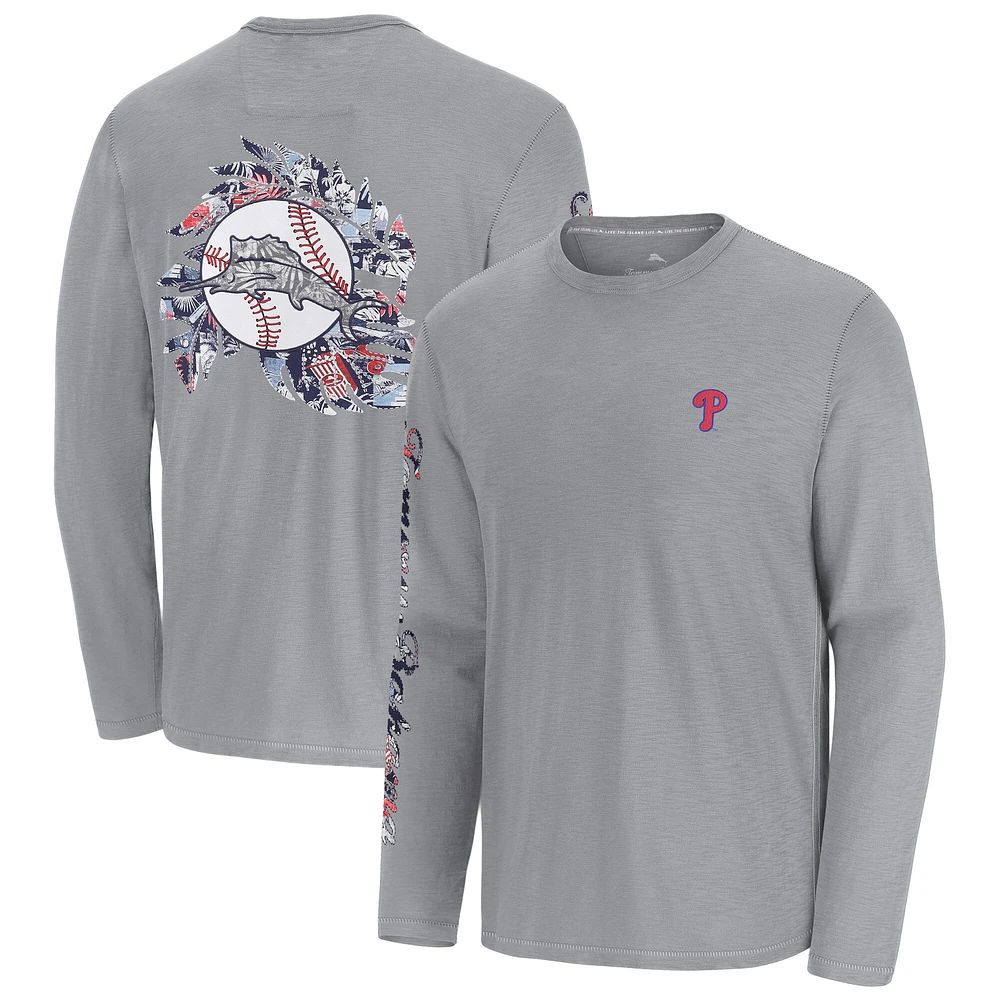 Men's Tommy Bahama  Gray Philadelphia Phillies Tropic Curveball Lux Long Sleeve T-Shirt