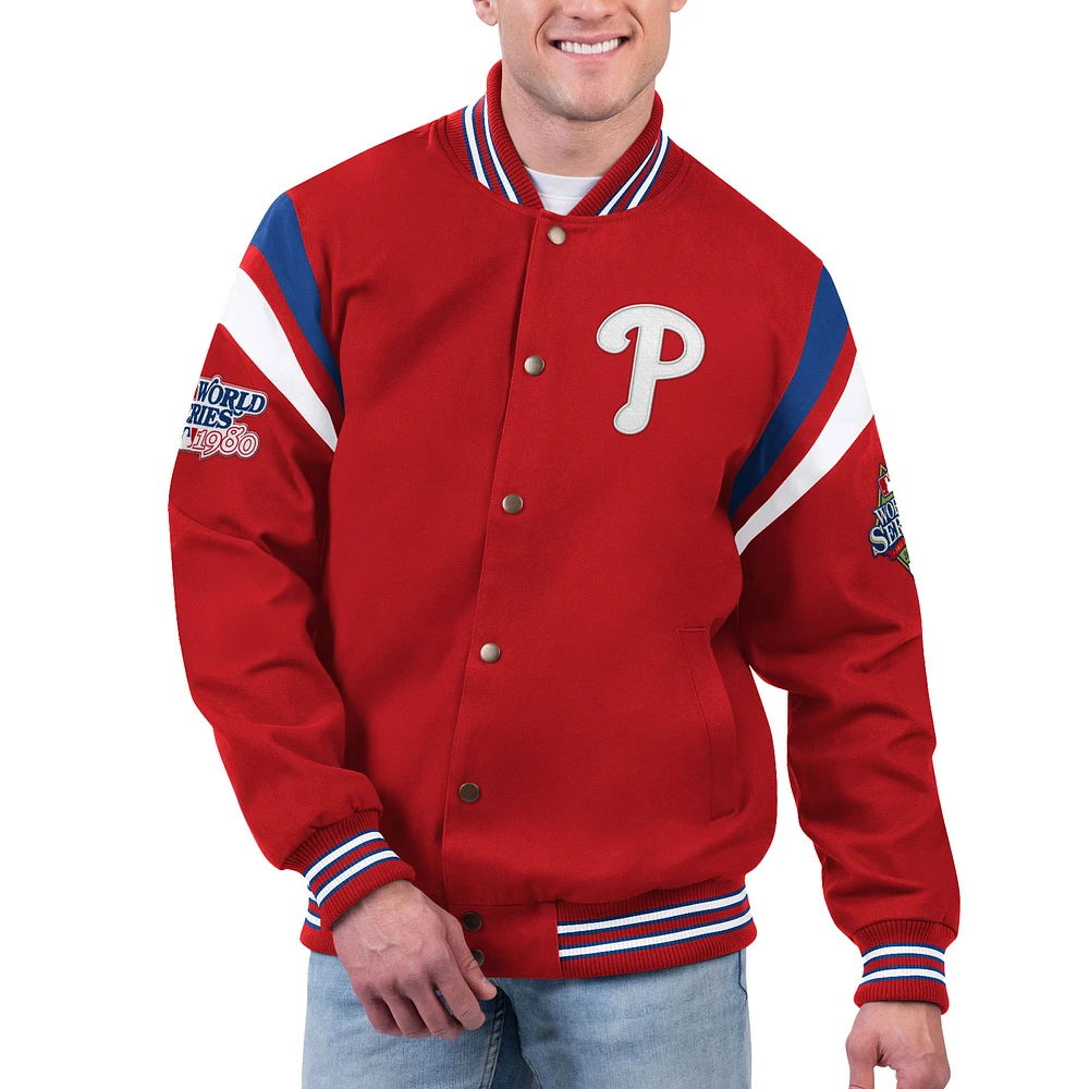 Veste universitaire G-III Sports by Carl Banks pour hommes, rouge, Philadelphia Phillies Quick Full-Snap