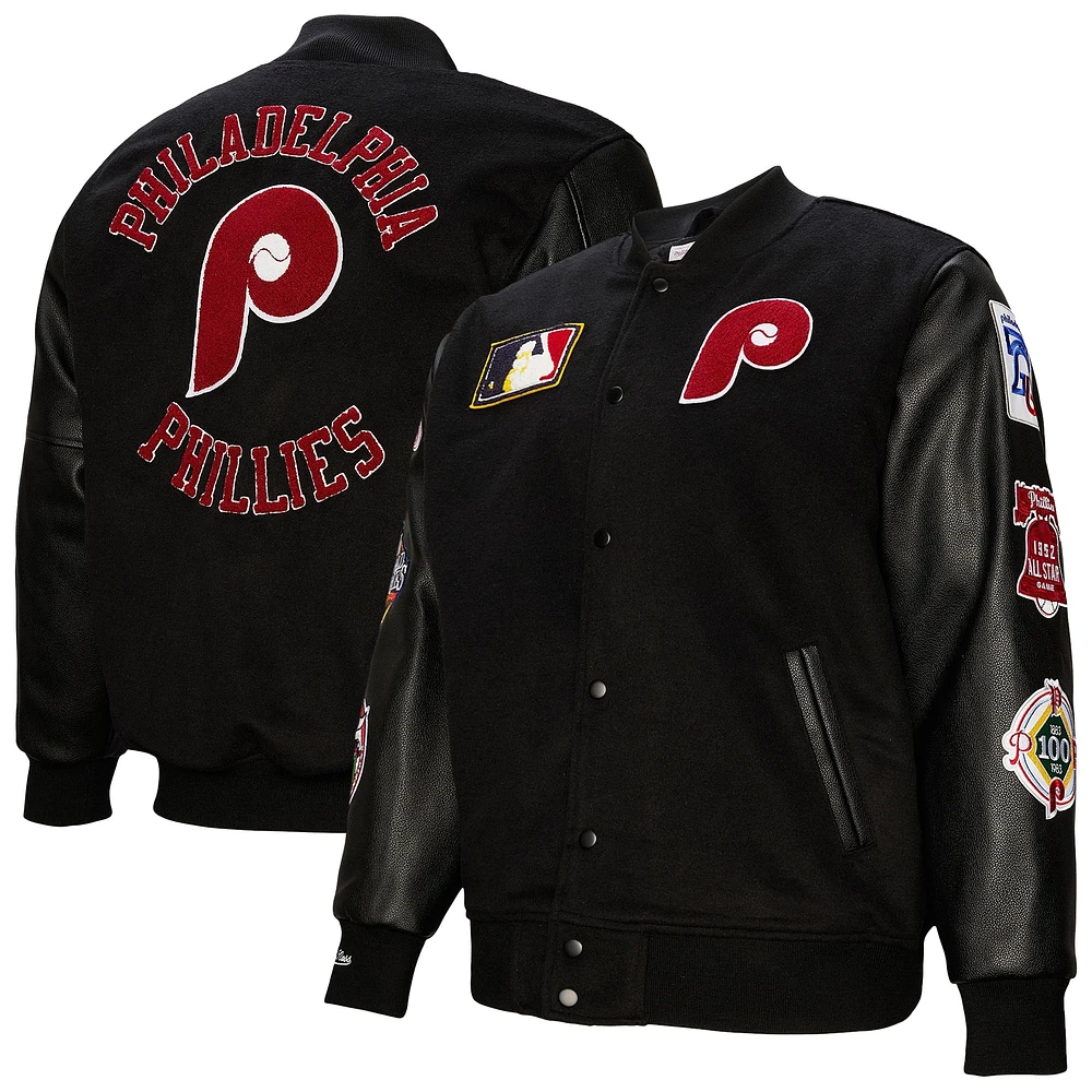 Veste universitaire à boutons-pression complète Mitchell & Ness pour homme, collection Philadelphia Phillies Blackout, noire