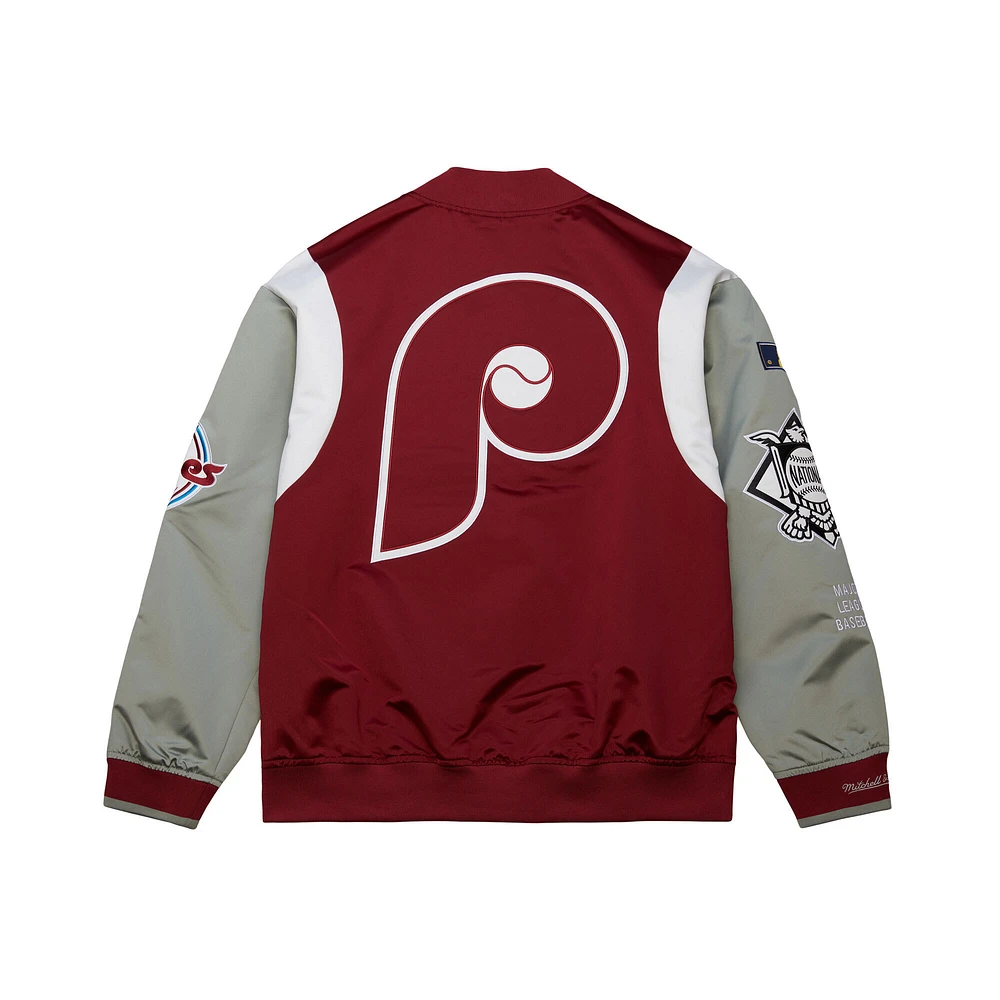 Men's Mitchell & Ness Burgundy/Gray Philadelphia Phillies Cooperstown Collection Team Origins Satin Full-Snap Jacket
