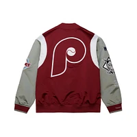 Men's Mitchell & Ness Burgundy/Gray Philadelphia Phillies Cooperstown Collection Team Origins Satin Full-Snap Jacket