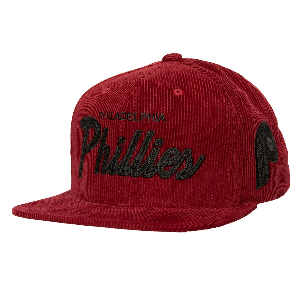 Casquette Snapback en velours côtelé rouge pour homme des Philadelphia Phillies de Mitchell & Ness