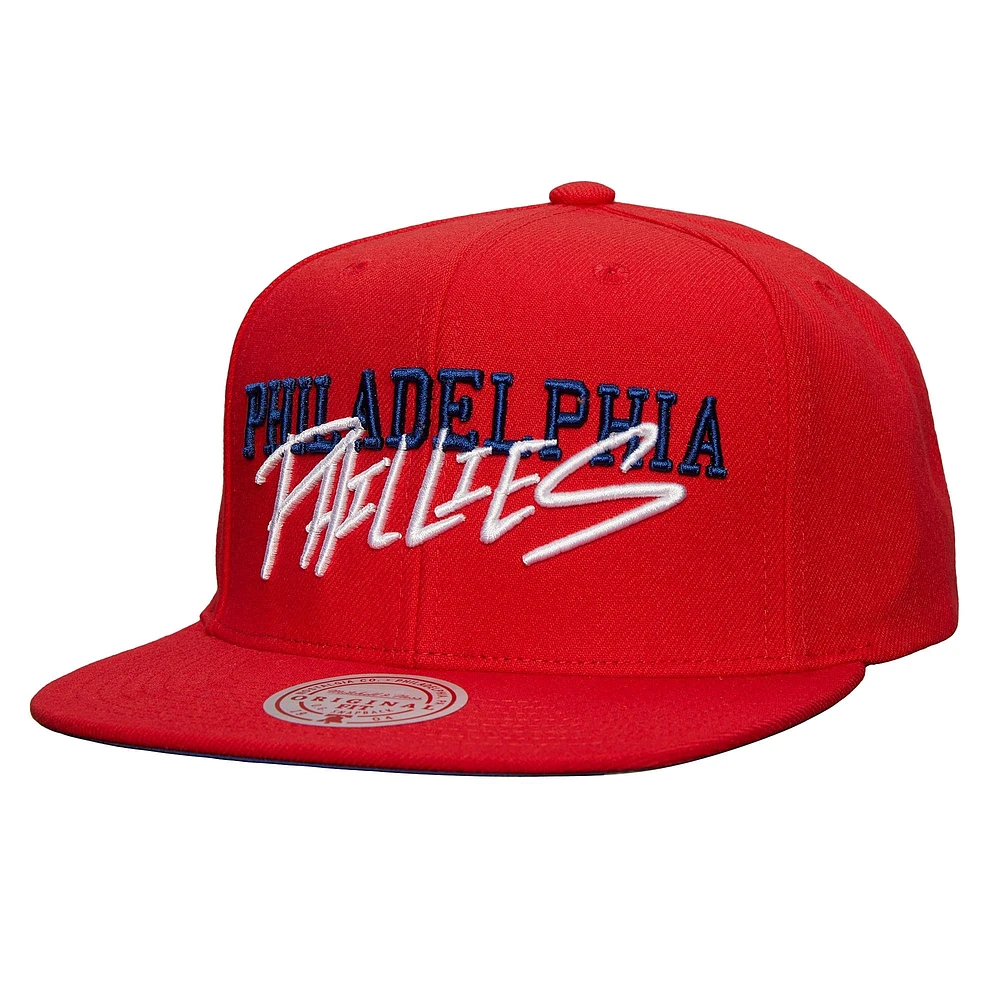 Casquette Snapback rouge avec étiquette de l'équipe des Phillies de Philadelphie Mitchell & Ness pour hommes