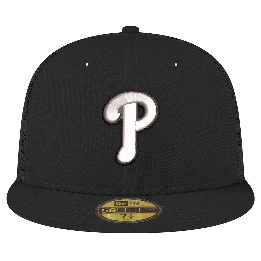 Casquette ajustée 59FIFTY Trucker noire des Philadelphia Phillies de New Era pour homme