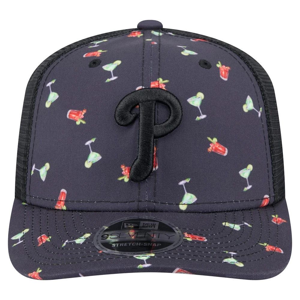 Men's New Era Black Philadelphia Phillies Adventure Drinks Pattern 9SEVENTY Stretch-Snap Hat