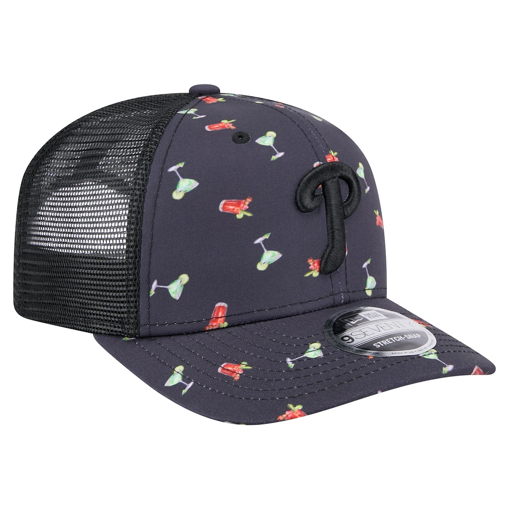 Men's New Era Black Philadelphia Phillies Adventure Drinks Pattern 9SEVENTY Stretch-Snap Hat