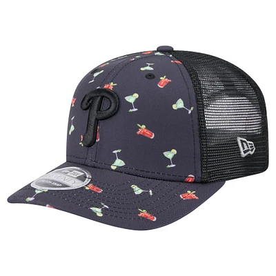 Men's New Era Black Philadelphia Phillies Adventure Drinks Pattern 9SEVENTY Stretch-Snap Hat