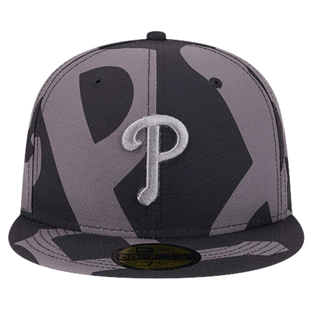 Casquette ajustée noire avec logo Fracture 59FIFTY des Phillies de Philadelphie New Era pour hommes