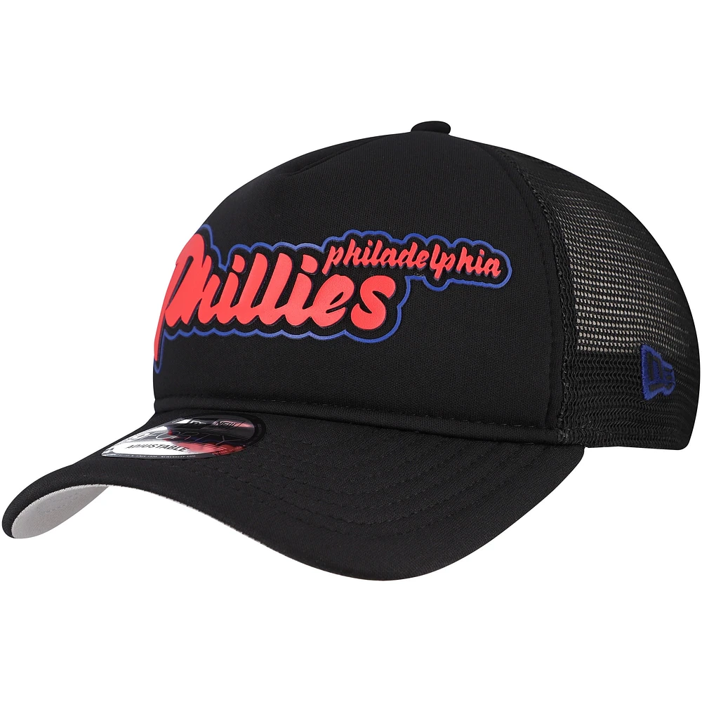 Men's New Era Black Philadelphia Phillies Retro Bold A-Frame Trucker 9FORTY Adjustable Hat