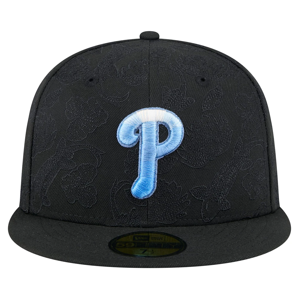 Men's New Era Black Philadelphia Phillies Tonal Koi 59FIFTY Fitted Hat
