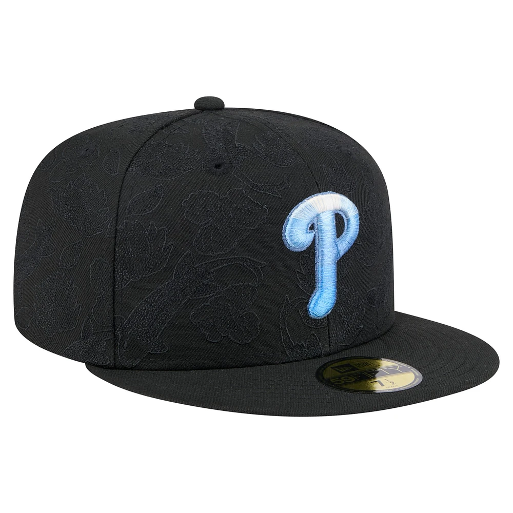 Men's New Era Black Philadelphia Phillies Tonal Koi 59FIFTY Fitted Hat