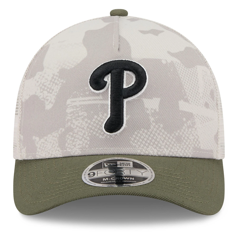 Men's New Era Light Beige/Olive Philadelphia Phillies 2025 Armed Forces Day 9FORTY M-Crown A-Frame Adjustable Hat