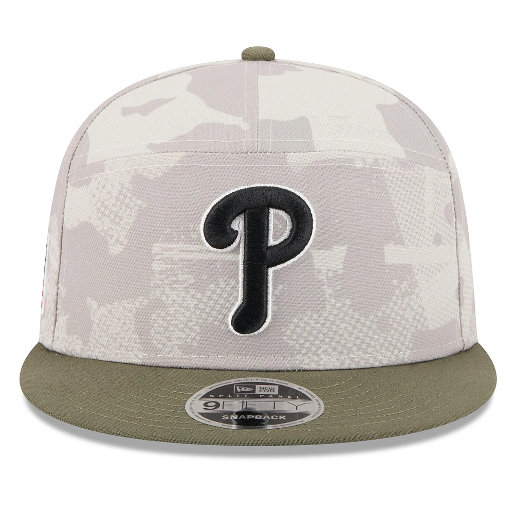 Men's New Era Light Beige/Olive Philadelphia Phillies 2025 Armed Forces Day Split Panel 9FIFTY Snapback Hat