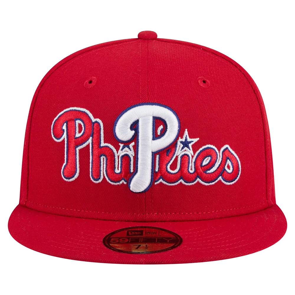 Men's New Era Red Philadelphia Phillies Overlap 59FIFTY Fitted Hat