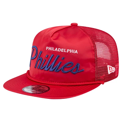 Casquette de golf ajustable rétro en satin rouge des Philadelphia Phillies pour homme de New Era