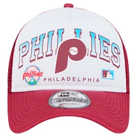 Men's New Era White Philadelphia Phillies Retro Wordmark 9FORTY A-Frame Trucker Adjustable Hat