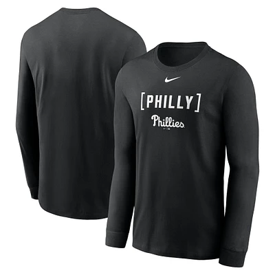 T-shirt à manches longues Nike noir pour homme avec surnom local des Philadelphia Phillies