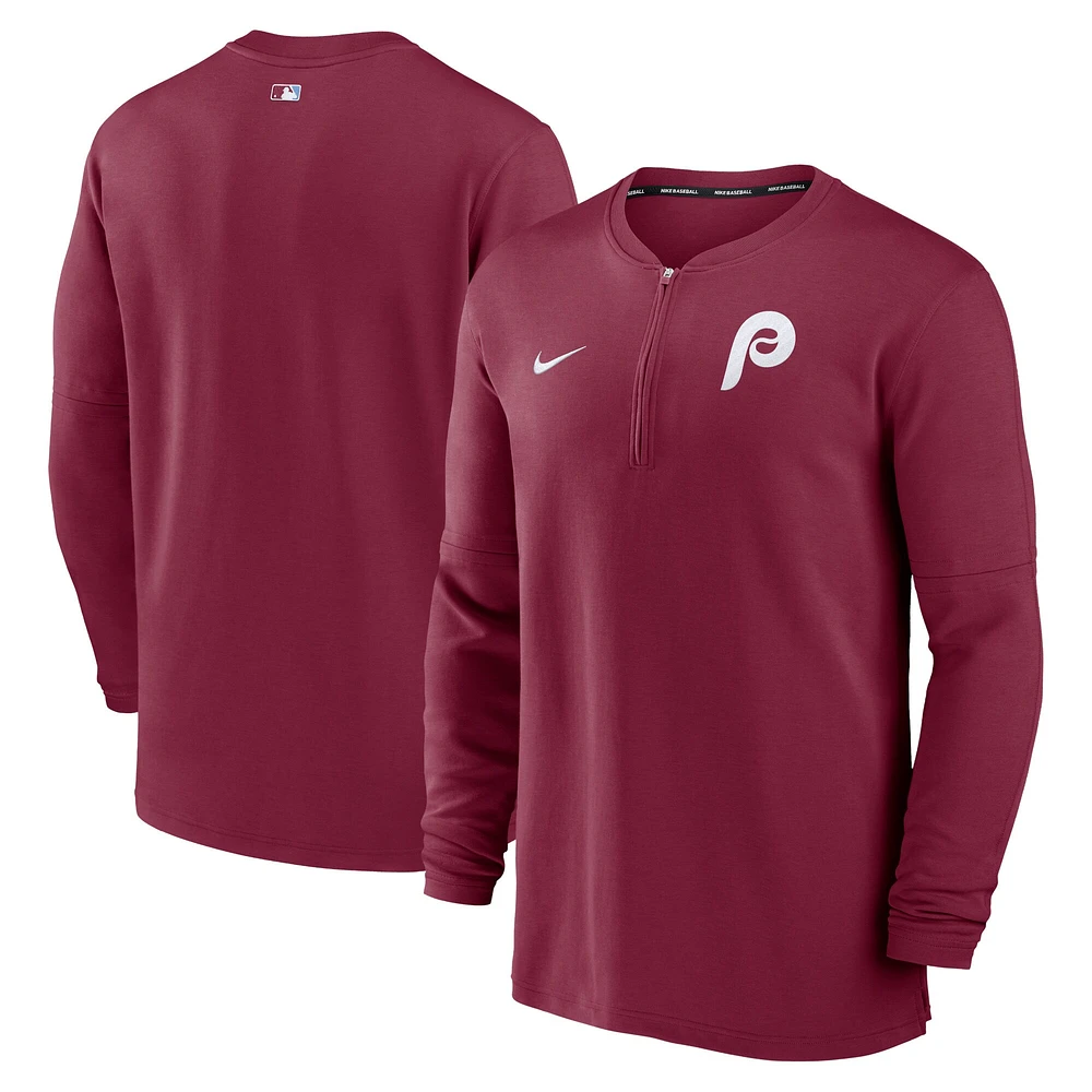 Haut à quart de zip Nike bordeaux pour hommes la collection authentique des Phillies Philadelphie Game Time Performance