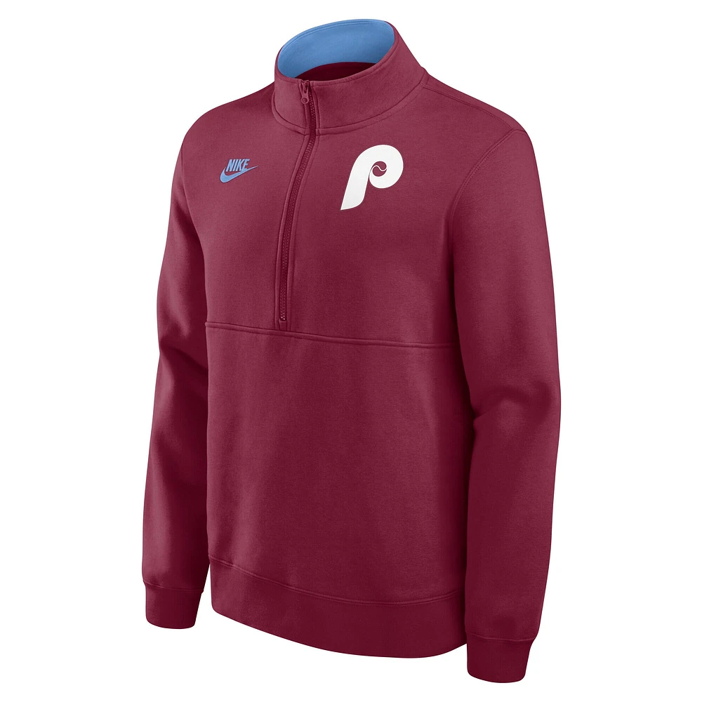 Pull en molleton demi-zippé Nike bordeaux pour homme des Philadelphia Phillies Cooperstown Collection