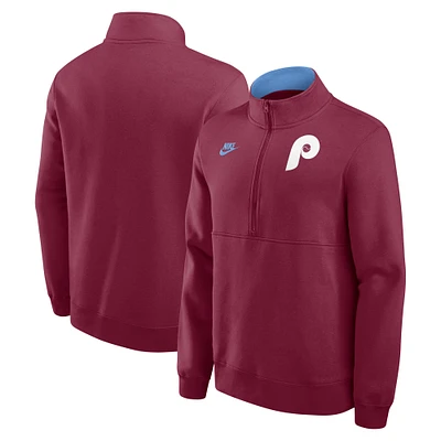 Pull en molleton demi-zippé Nike bordeaux pour homme des Philadelphia Phillies Cooperstown Collection