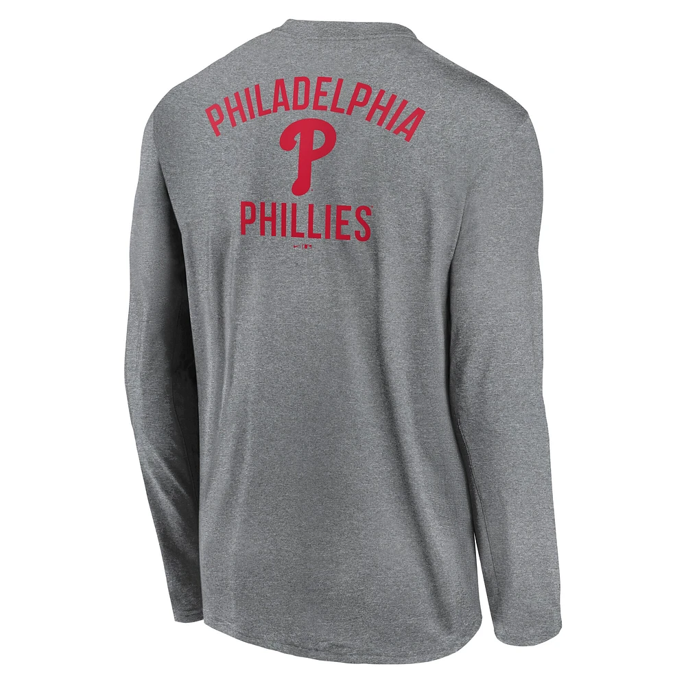 Men's Nike Heather Charcoal Philadelphia Phillies 2-Hit Legend Performance Long Sleeve T-Shirt