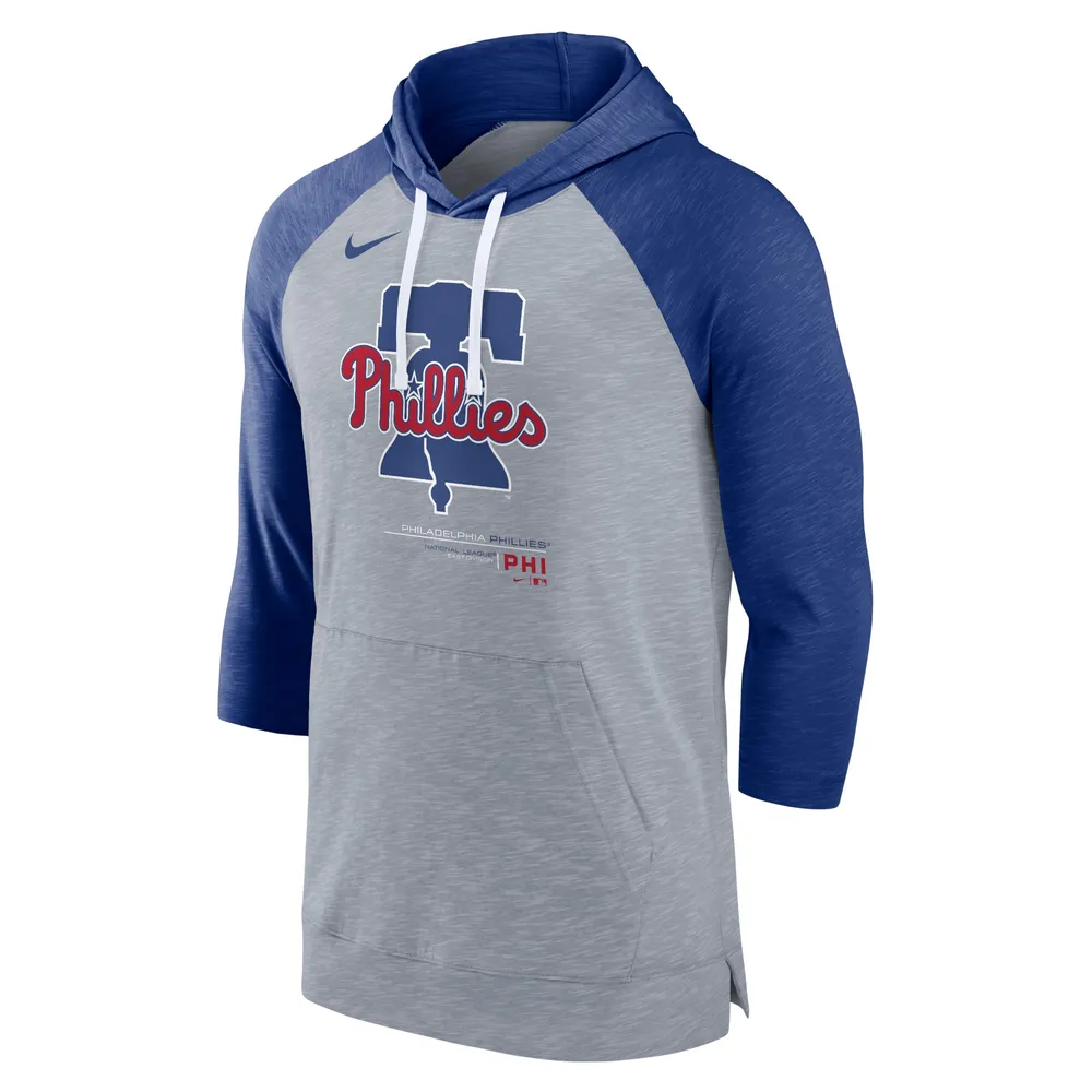 Chandail à capuchon manches 3/4 raglan de baseball des Phillies Philadelphie Nike pour homme, gris chiné/royal chiné