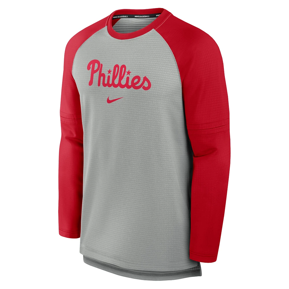 Men's Nike Heather Gray/Red Philadelphia Phillies Authentic Collection Game Time Raglan Performance Long Sleeve T-Shirt