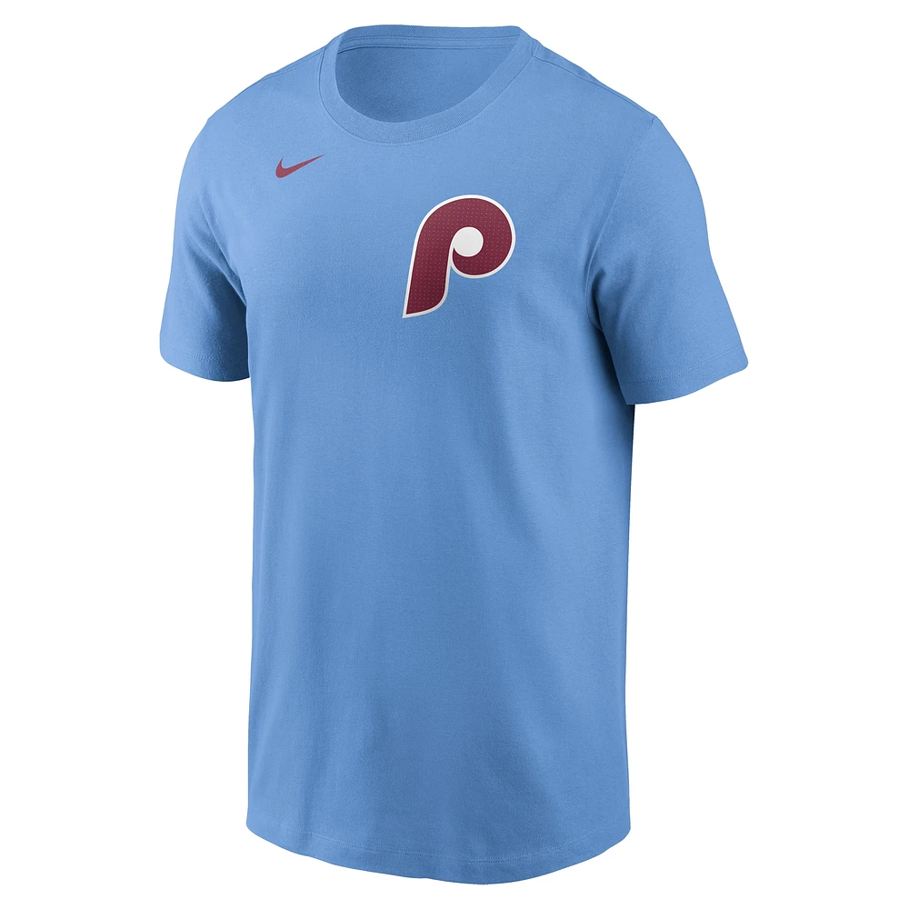 T-shirt Nike J.T. Realmuto bleu clair pour homme avec nom et numéro Fuse des Philadelphia Phillies