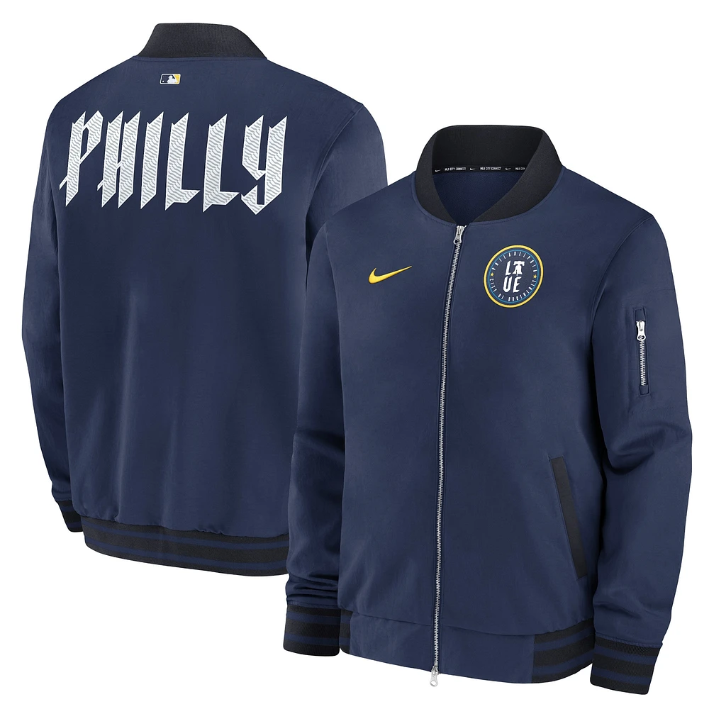 Blouson aviateur entièrement zippé Nike pour homme, bleu marine, Philadelphia Phillies 2024 City Connect Authentic Collection Game Time