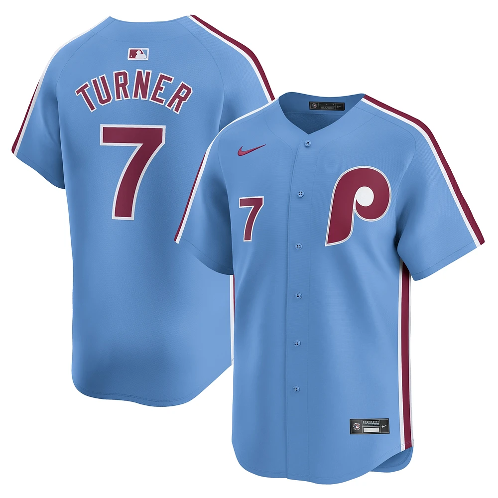 Maillot de joueur alternatif limité Nike Trea Turner pour hommes, bleu clair, Phillies Philadelphie