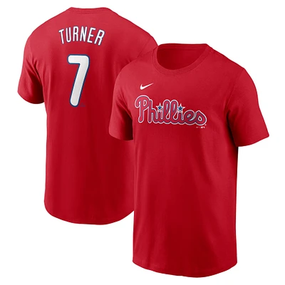 T-shirt avec nom et numéro Nike Trea Turner pour hommes, rouge, Philadelphia Phillies Fuse