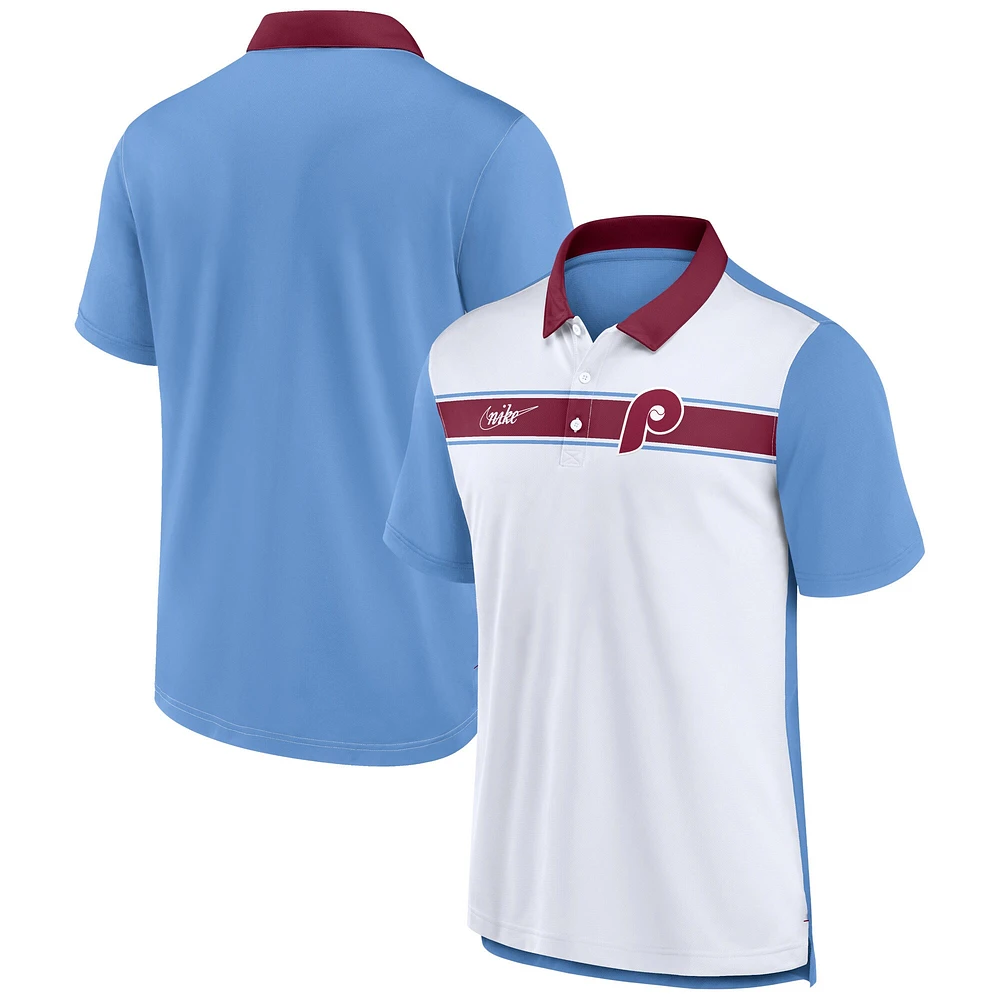 Polo Nike pour homme blanc/bleu clair des Phillies de Philadelphie Rewind Stripe