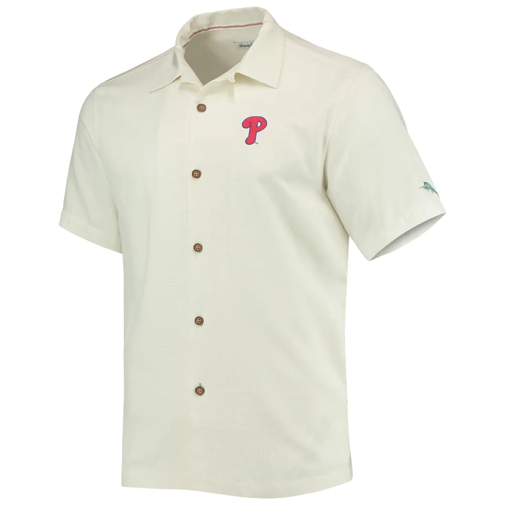 Chemise boutonnée Tommy Bahama Philadelphia Phillies Baseball Camp crème pour homme