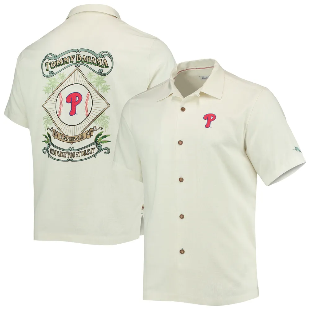 Chemise boutonnée Tommy Bahama Philadelphia Phillies Baseball Camp crème pour homme