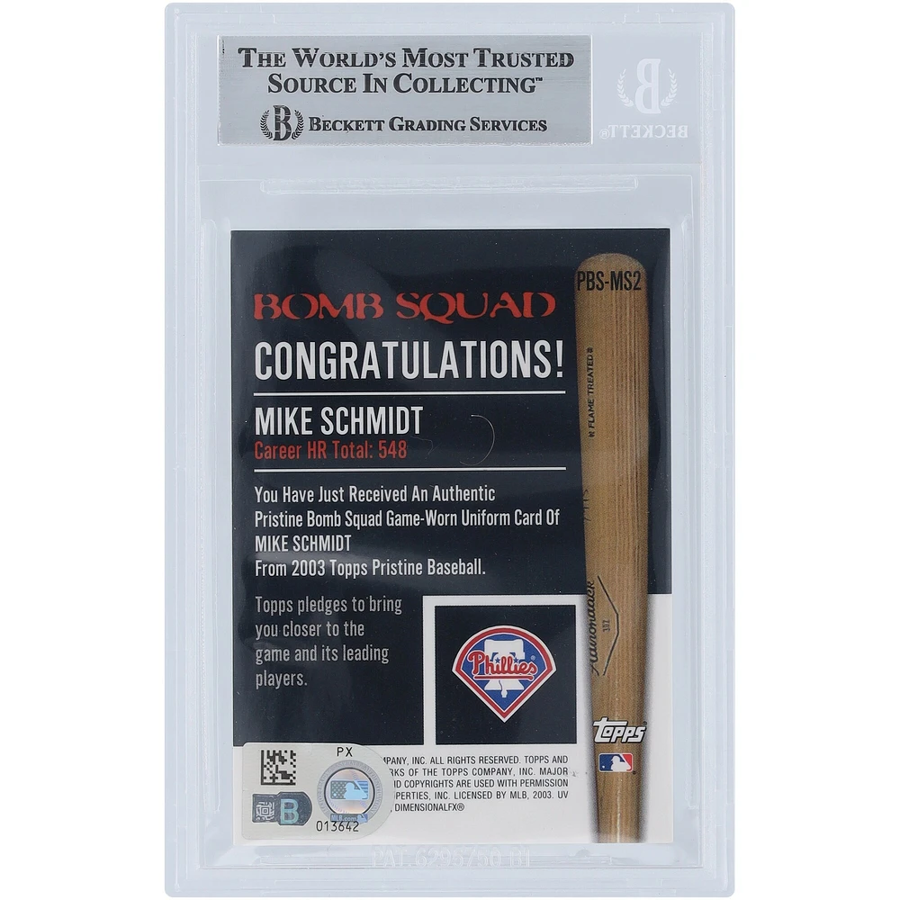 Mike Schmidt Philadelphia Phillies Autographed 2003 Topps Pristine Bomb Squad Relics #PBS-MS2 Beckett Fanatics Witnessed Authenticated Card