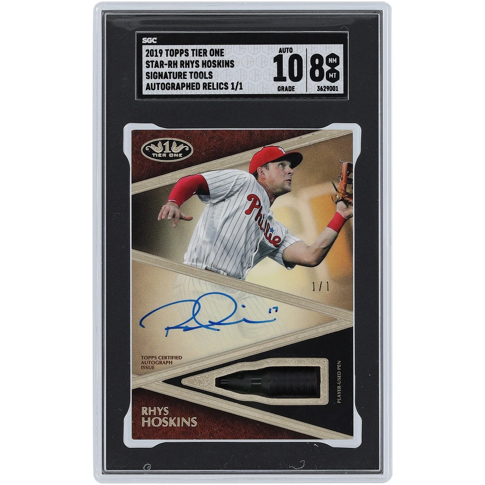 Carte recrue authentifiée 8/10 signée Rhys Hoskins des Phillies de Philadelphie, stylo relique Topps Tier One Signature Tools 2019 #STAR-RH #1/1 SGC