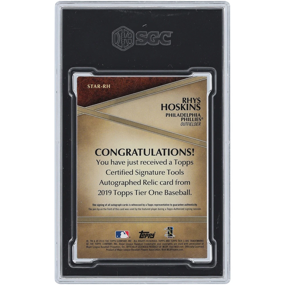 Carte recrue authentifiée 8/10 signée Rhys Hoskins des Phillies de Philadelphie, stylo relique Topps Tier One Signature Tools 2019 #STAR-RH #1/1 SGC