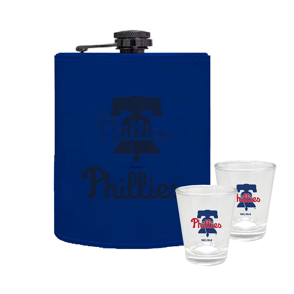 Ensemble de trois flasques en cuir de 8 oz et de verres à liqueur de 2 oz des Philadelphia Phillies de The Memory Company